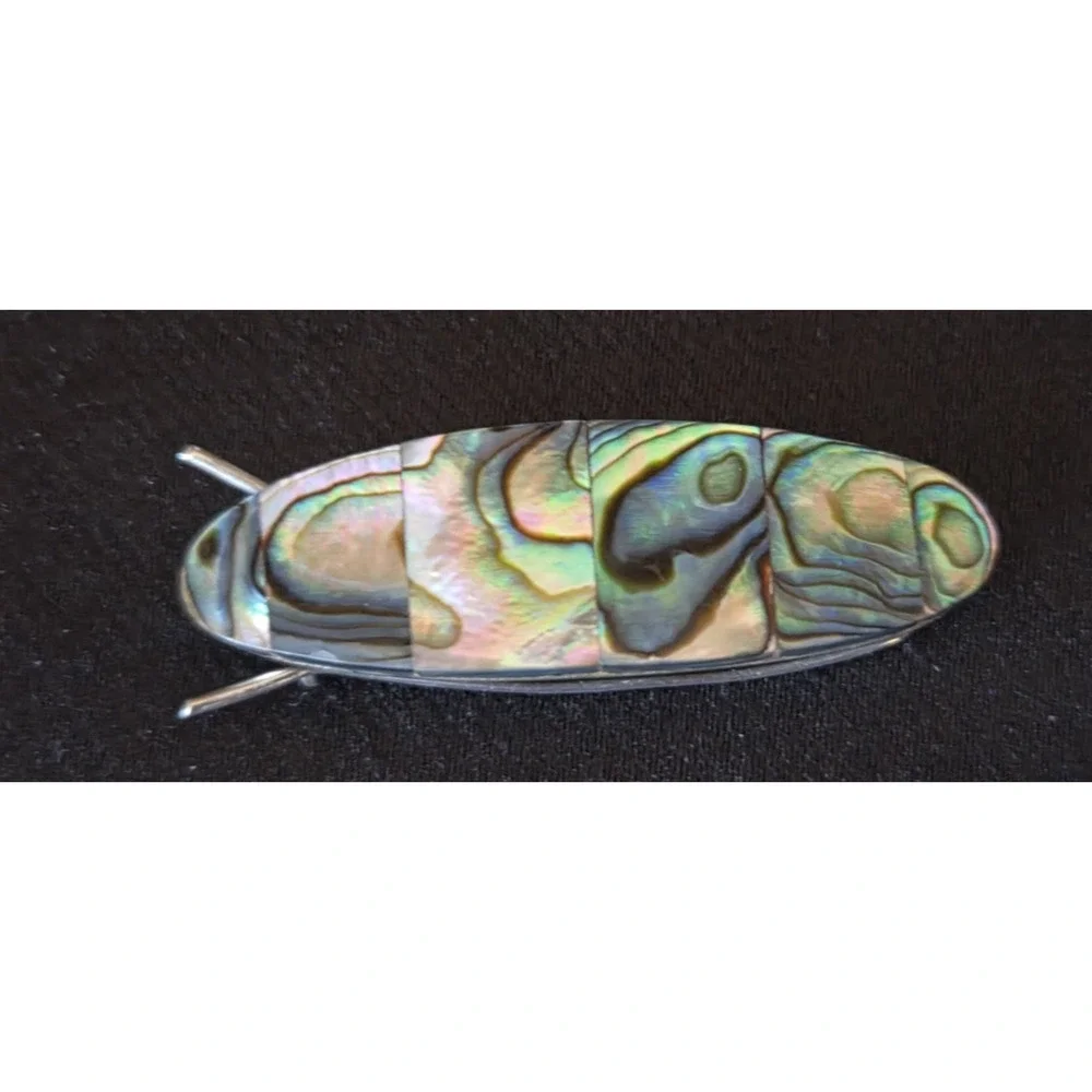 Vintage Mexico Silver Tone Abalone Inlay Barrette Women's Hair Clip Mid Century